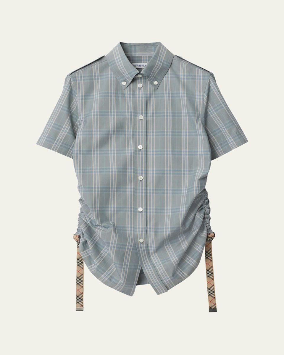 Check Drawstring Button Down Cotton Shirt
